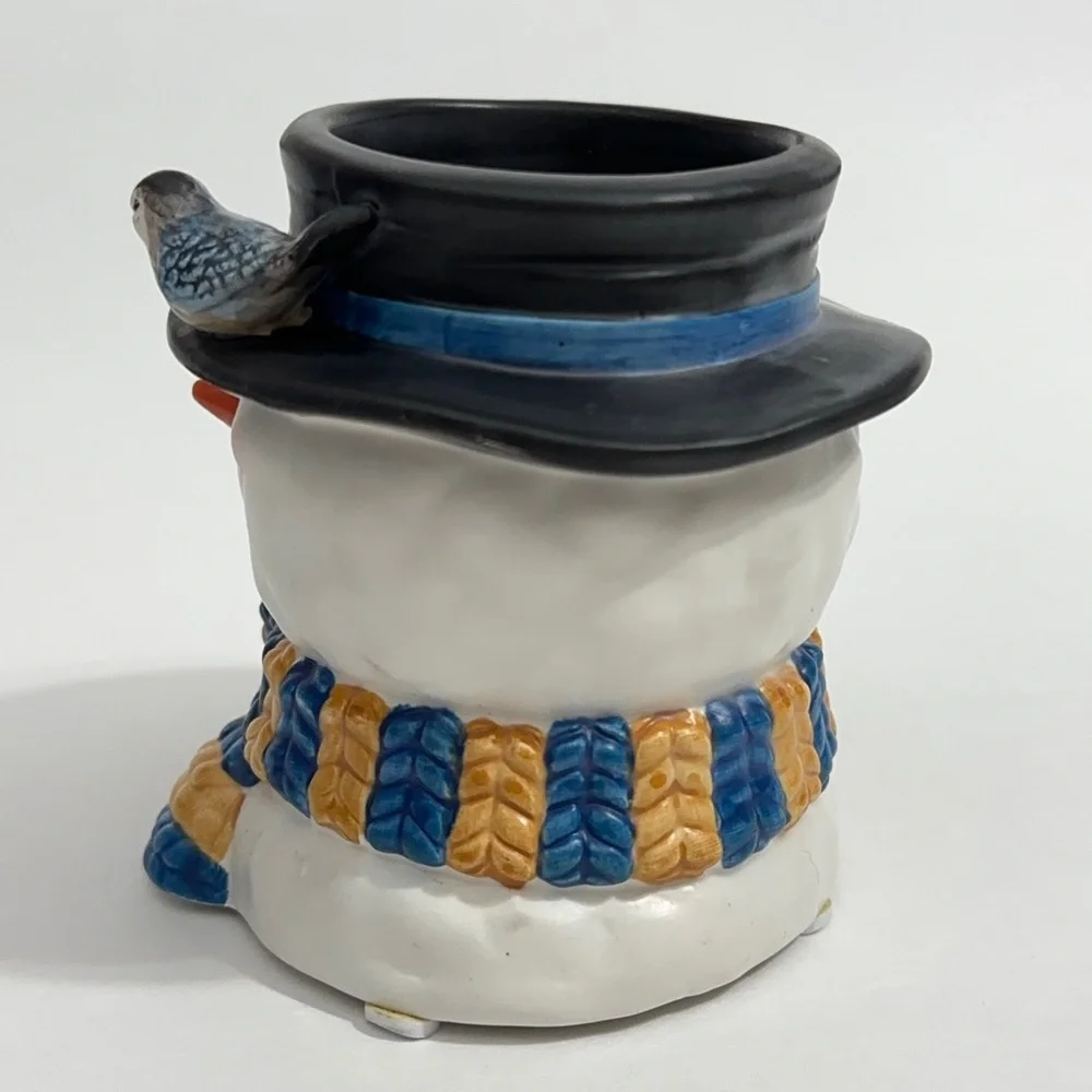 Vintage Ceramic Snowman Votive Candle Holder with Scarf and Bird on Hat